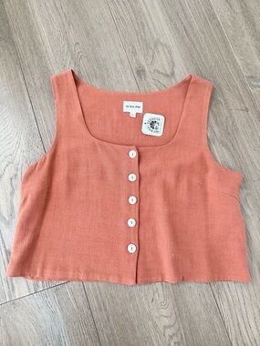 NWT No Less Than Linen Blend Button Front Square Neck Crop Tank Large Terracotta